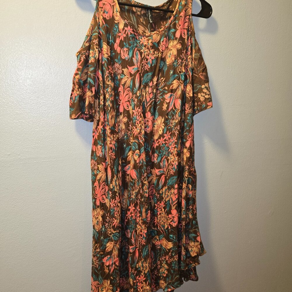 Sacred Threads Floral Cold Shoulder Brown and Pink Shift Dress